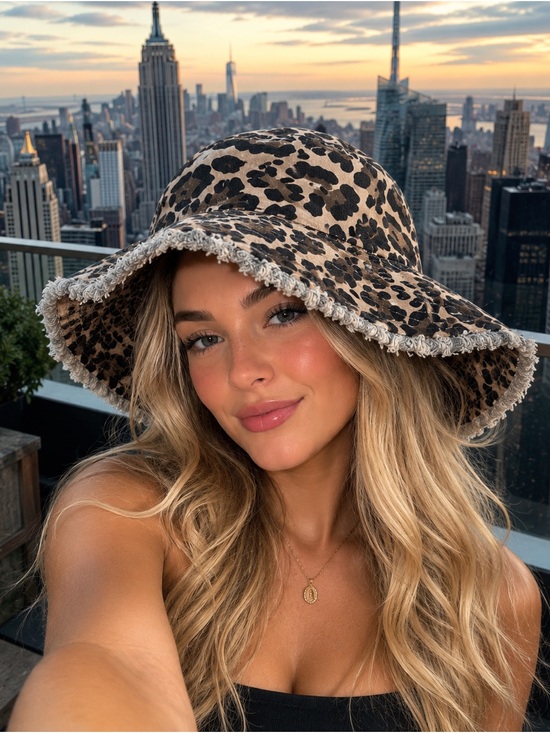 Accessories - Leopard Print Frayed Edge Bucket Hat - Tan/Black 100% cotton